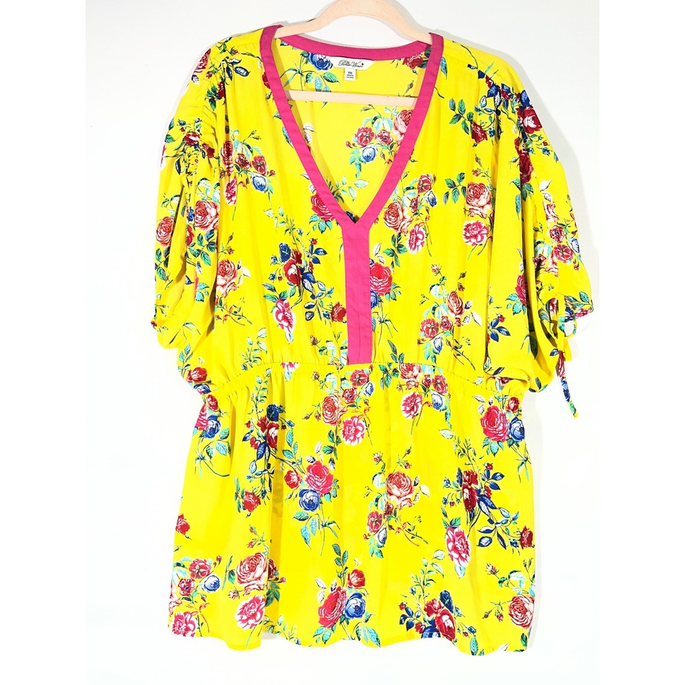 The Pioneer Woman Floral V Neck Tunic Top Shirt‎ Kimono Sleeve Yellow/Pink XXL